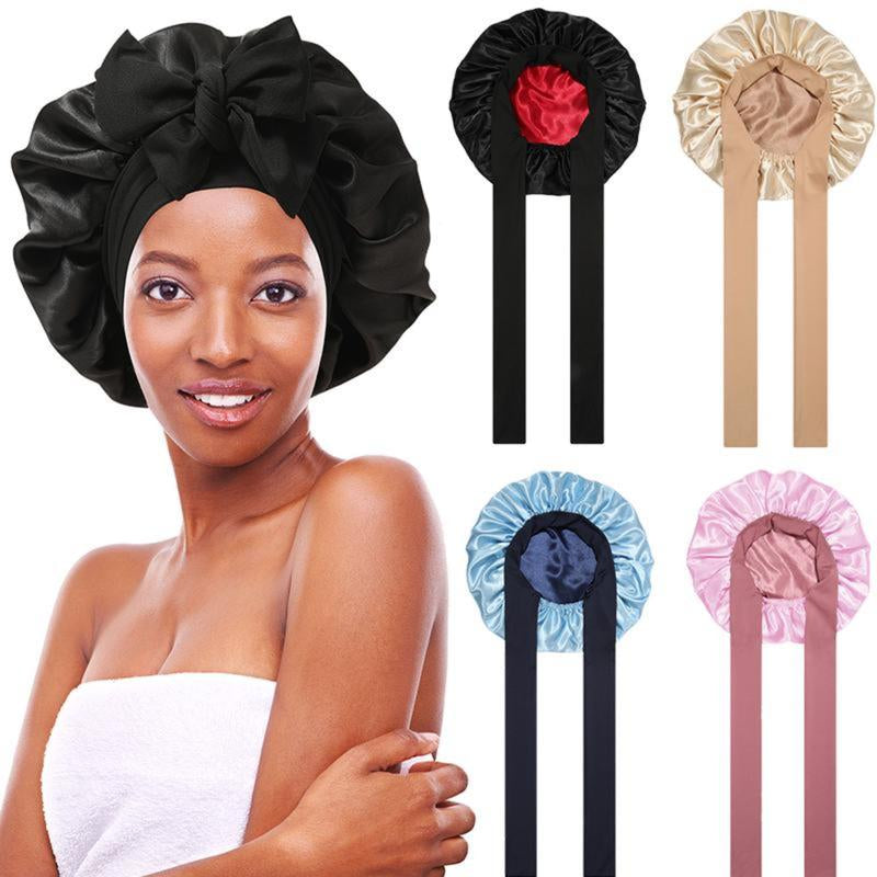 AWAYTR Double Layer Satin Bonnet for Curly Hair - Luxurious Sleep Cap with Elastic Tie Band for Ultimate Hair Care