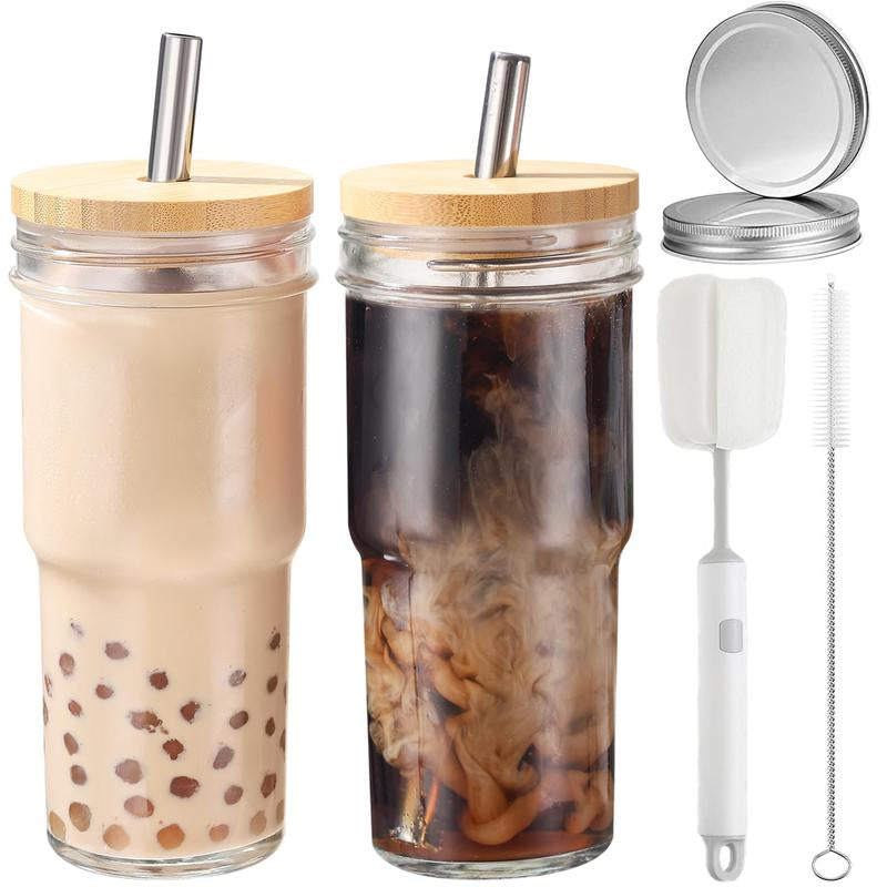 Set of 4 Stylish 24 Oz Glass Cups with Bamboo Lids & Straws - Perfect for Smoothies, Iced Coffee, and Bubble Tea - Includes 4 Airtight Lids - Ideal Gift!