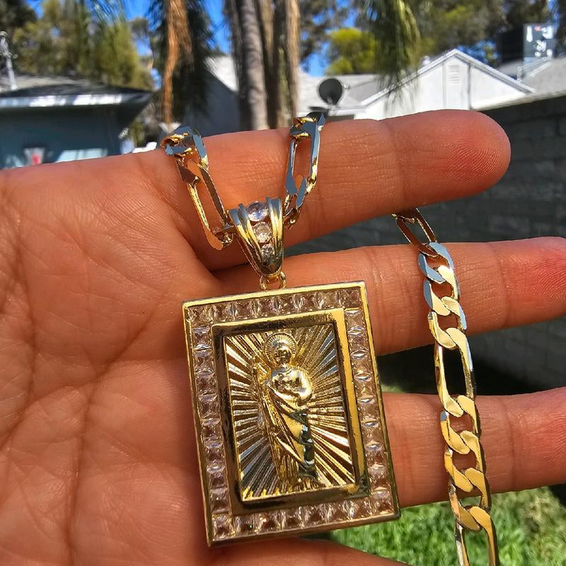 Elegant Square Virgen De Guadalupe & San Judas Necklace Pendant