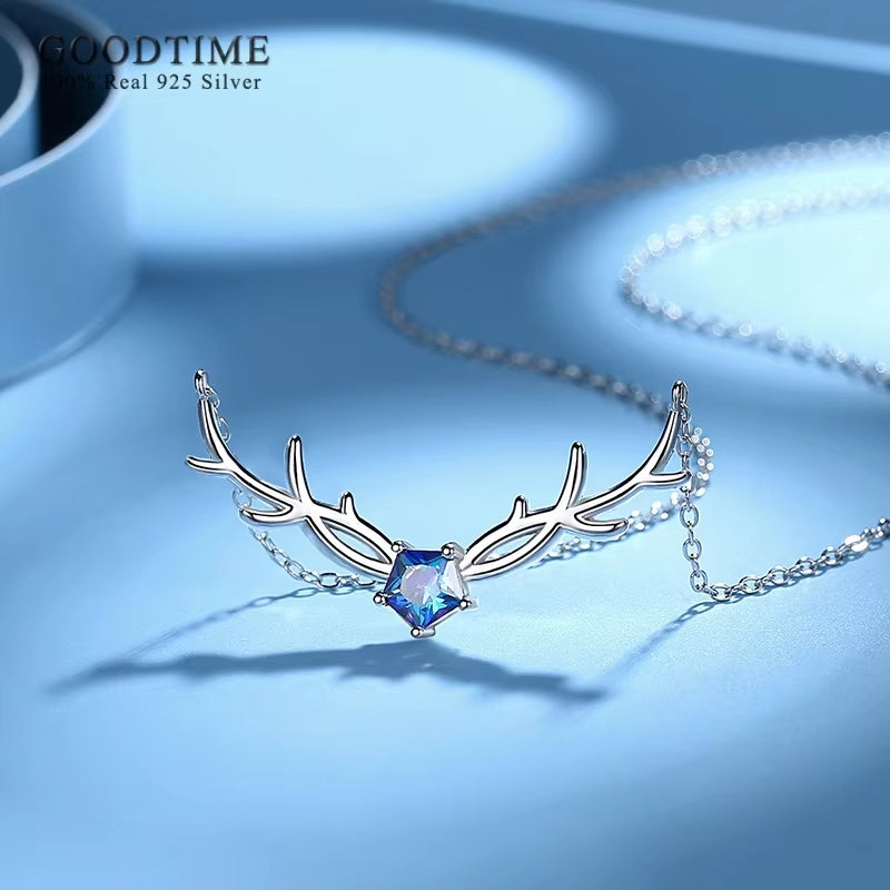 Fashion Women Necklace Pure 100% 925 Sterling Silver Antler Pendant Blue Zircon Necklace Chains Jewelry Christmas Gift for Girl