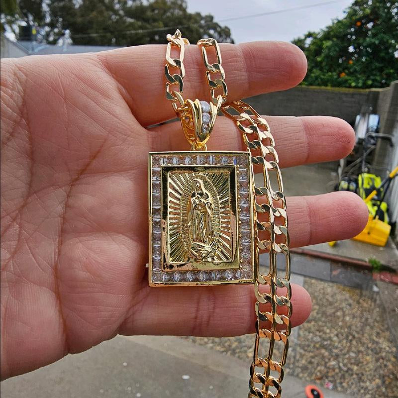 Elegant Square Virgen De Guadalupe & San Judas Necklace Pendant