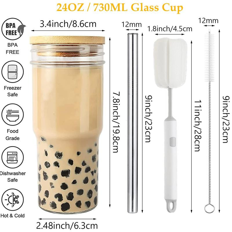 Set of 4 Stylish 24 Oz Glass Cups with Bamboo Lids & Straws - Perfect for Smoothies, Iced Coffee, and Bubble Tea - Includes 4 Airtight Lids - Ideal Gift!