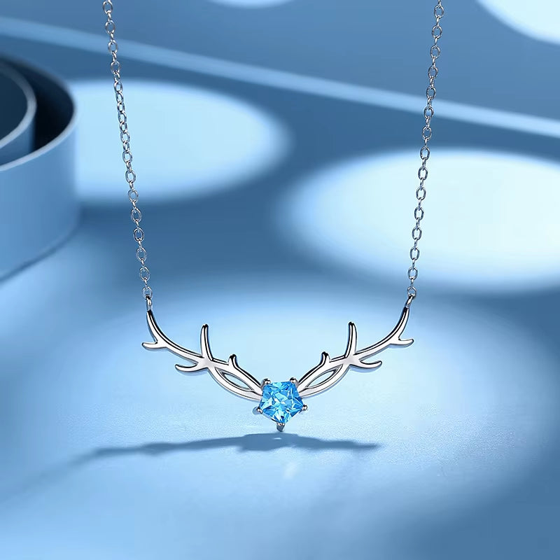 Fashion Women Necklace Pure 100% 925 Sterling Silver Antler Pendant Blue Zircon Necklace Chains Jewelry Christmas Gift for Girl