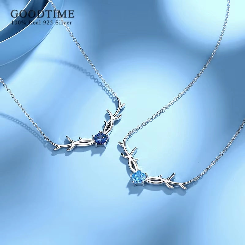 Fashion Women Necklace Pure 100% 925 Sterling Silver Antler Pendant Blue Zircon Necklace Chains Jewelry Christmas Gift for Girl