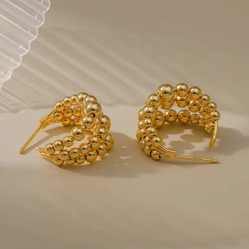 European Three Row Metal Ball Beaded Female Earrings 18K Gold Plated CC Shaped Hoop Earring Fashion Women Party Accessories