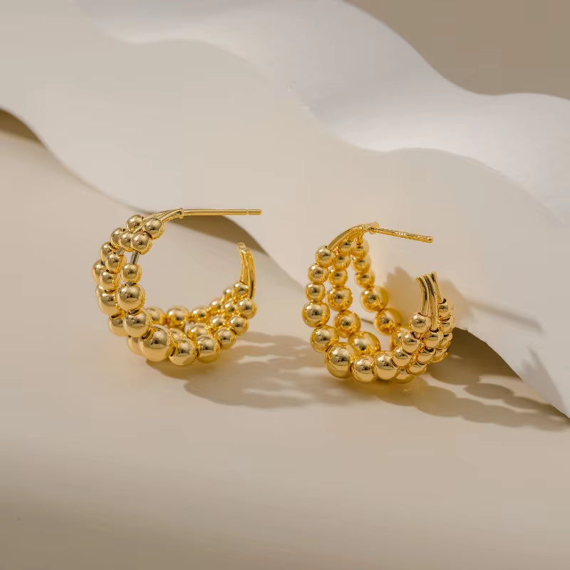 European Three Row Metal Ball Beaded Female Earrings 18K Gold Plated CC Shaped Hoop Earring Fashion Women Party Accessories