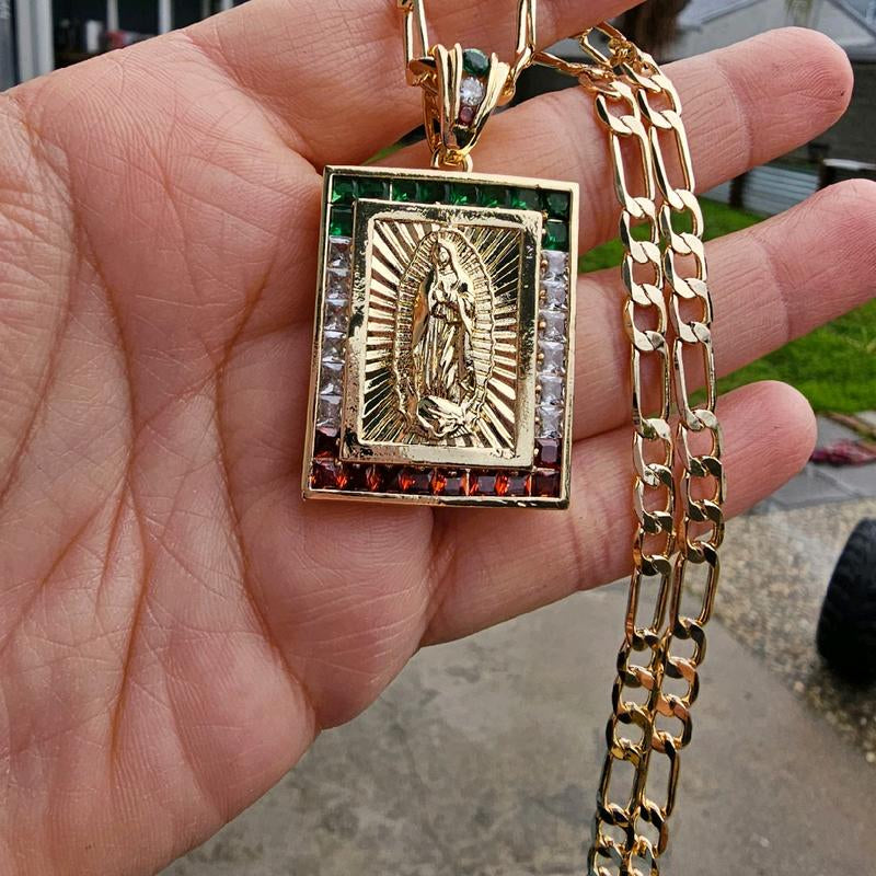 Elegant Square Virgen De Guadalupe & San Judas Necklace Pendant