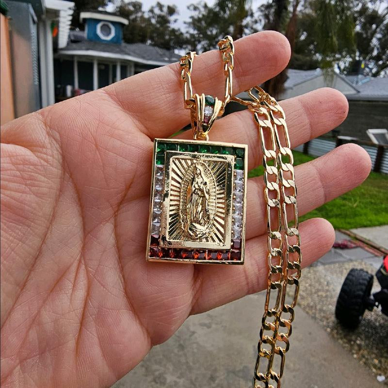 Elegant Square Virgen De Guadalupe & San Judas Necklace Pendant