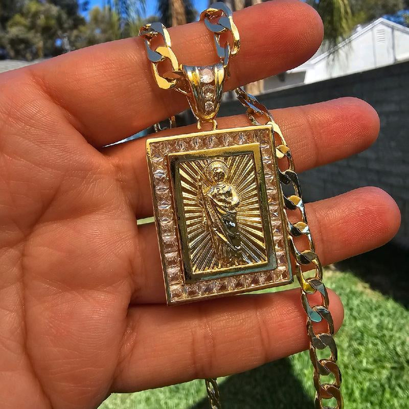 Elegant Square Virgen De Guadalupe & San Judas Necklace Pendant