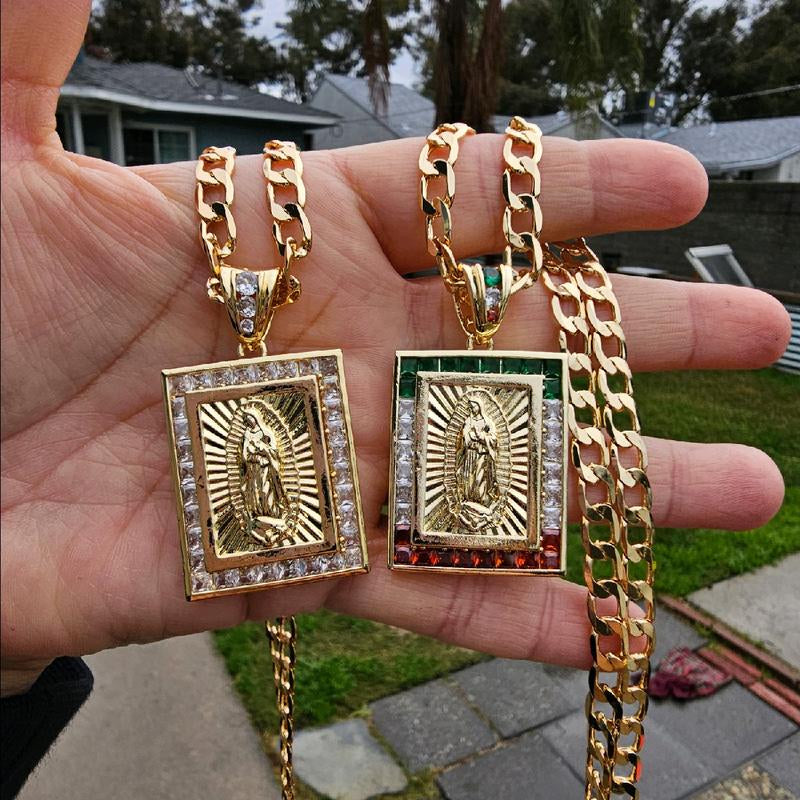 Elegant Square Virgen De Guadalupe & San Judas Necklace Pendant