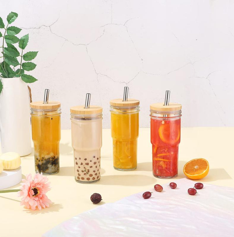 Set of 4 Stylish 24 Oz Glass Cups with Bamboo Lids & Straws - Perfect for Smoothies, Iced Coffee, and Bubble Tea - Includes 4 Airtight Lids - Ideal Gift!