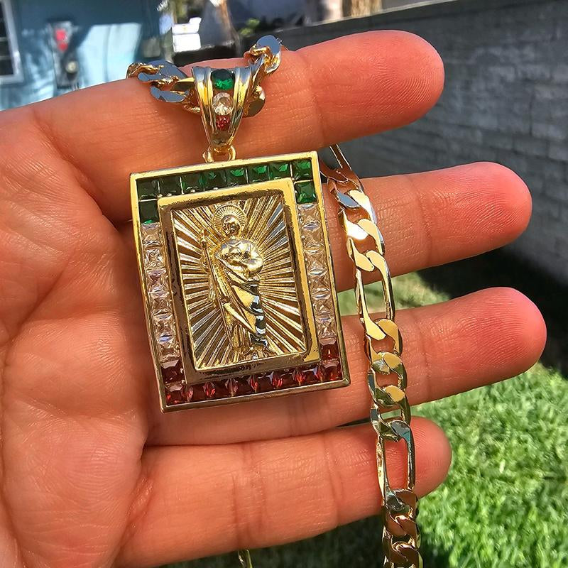 Elegant Square Virgen De Guadalupe & San Judas Necklace Pendant