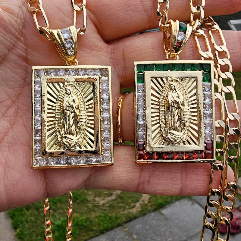 Elegant Square Virgen De Guadalupe & San Judas Necklace Pendant