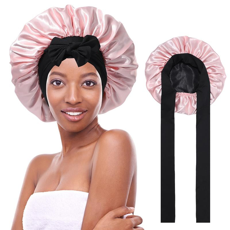 AWAYTR Double Layer Satin Bonnet for Curly Hair - Luxurious Sleep Cap with Elastic Tie Band for Ultimate Hair Care