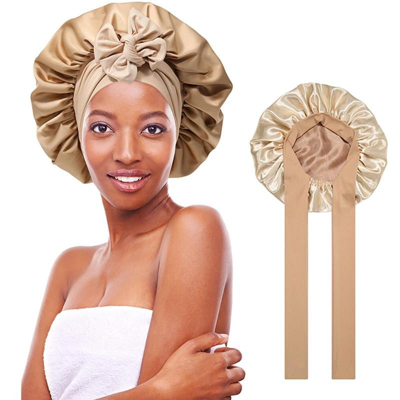 AWAYTR Double Layer Satin Bonnet for Curly Hair - Luxurious Sleep Cap with Elastic Tie Band for Ultimate Hair Care