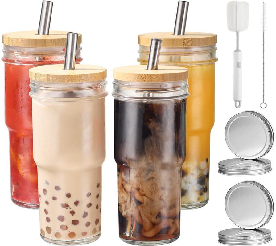 Set of 4 Stylish 24 Oz Glass Cups with Bamboo Lids & Straws - Perfect for Smoothies, Iced Coffee, and Bubble Tea - Includes 4 Airtight Lids - Ideal Gift!