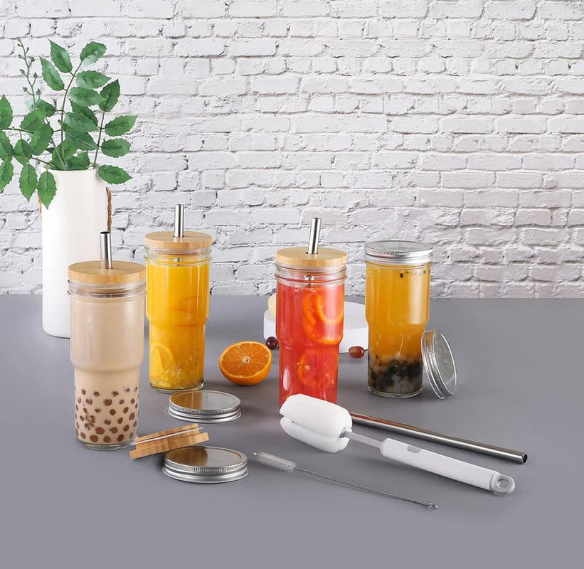 Set of 4 Stylish 24 Oz Glass Cups with Bamboo Lids & Straws - Perfect for Smoothies, Iced Coffee, and Bubble Tea - Includes 4 Airtight Lids - Ideal Gift!