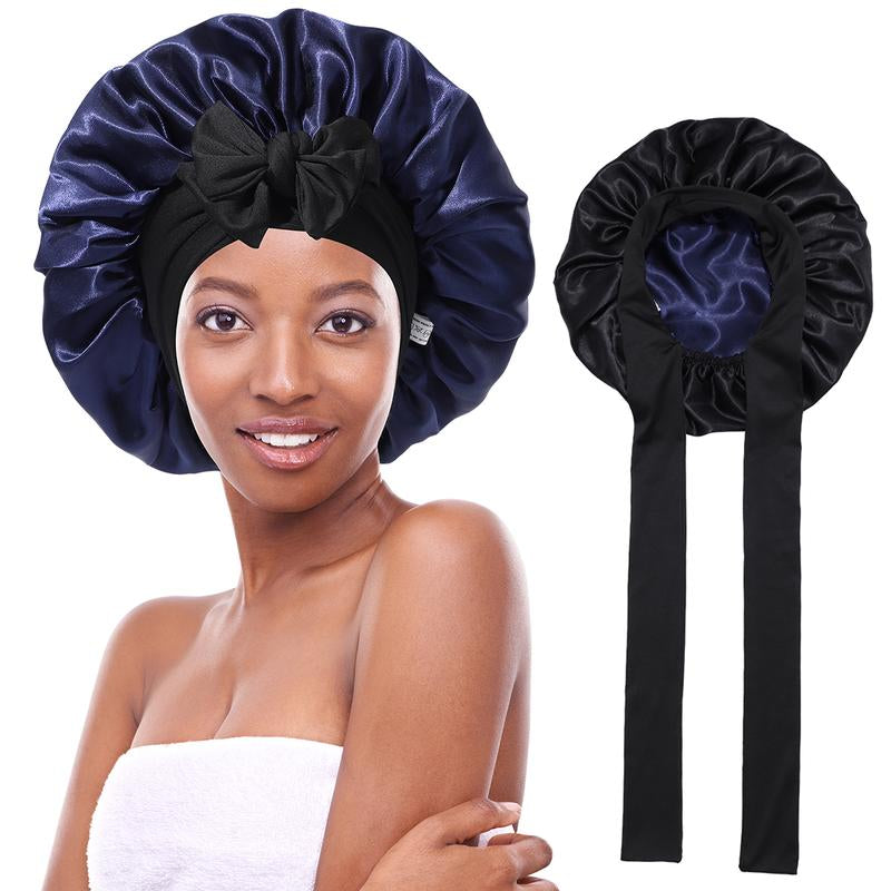 AWAYTR Double Layer Satin Bonnet for Curly Hair - Luxurious Sleep Cap with Elastic Tie Band for Ultimate Hair Care