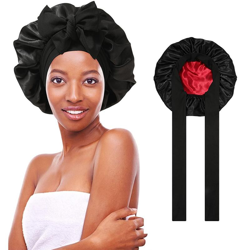 AWAYTR Double Layer Satin Bonnet for Curly Hair - Luxurious Sleep Cap with Elastic Tie Band for Ultimate Hair Care