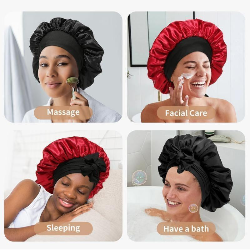 AWAYTR Double Layer Satin Bonnet for Curly Hair - Luxurious Sleep Cap with Elastic Tie Band for Ultimate Hair Care