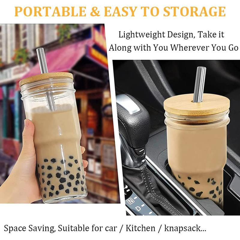 Set of 4 Stylish 24 Oz Glass Cups with Bamboo Lids & Straws - Perfect for Smoothies, Iced Coffee, and Bubble Tea - Includes 4 Airtight Lids - Ideal Gift!