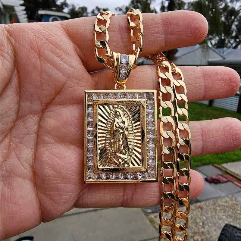 Elegant Square Virgen De Guadalupe & San Judas Necklace Pendant