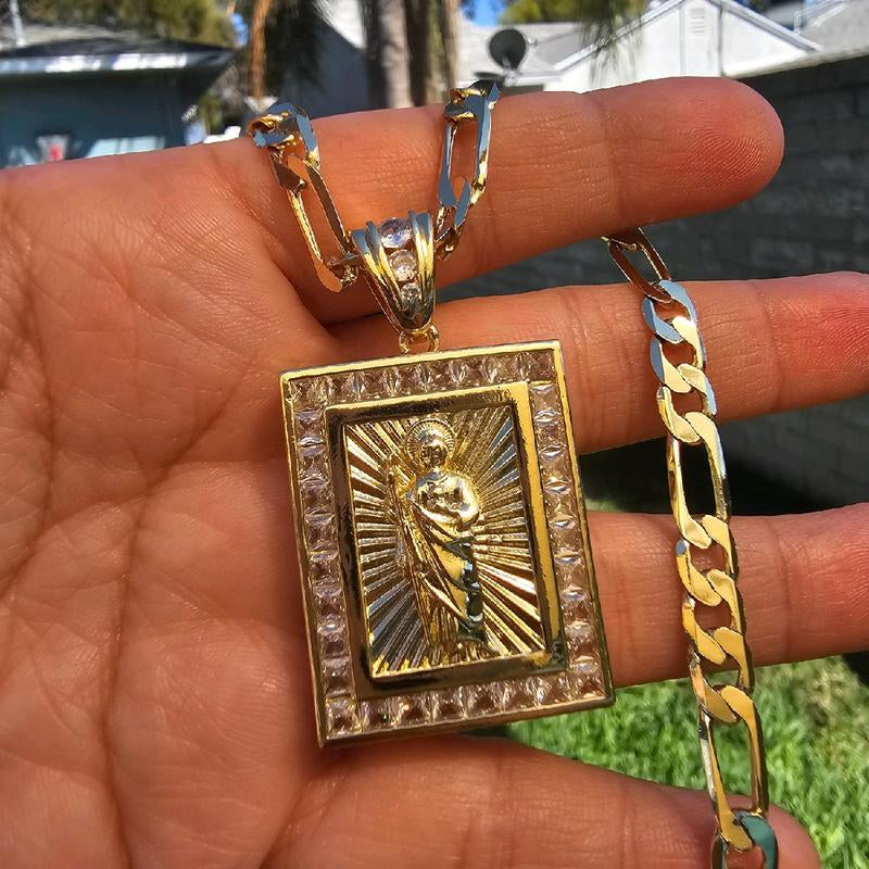 Elegant Square Virgen De Guadalupe & San Judas Necklace Pendant