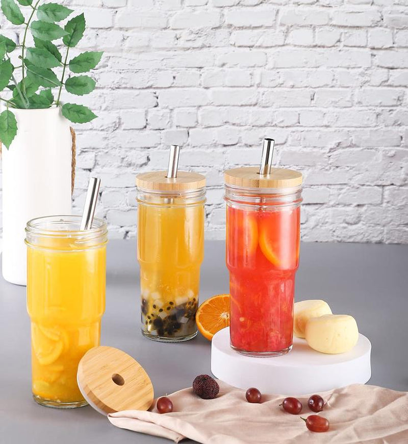 Set of 4 Stylish 24 Oz Glass Cups with Bamboo Lids & Straws - Perfect for Smoothies, Iced Coffee, and Bubble Tea - Includes 4 Airtight Lids - Ideal Gift!