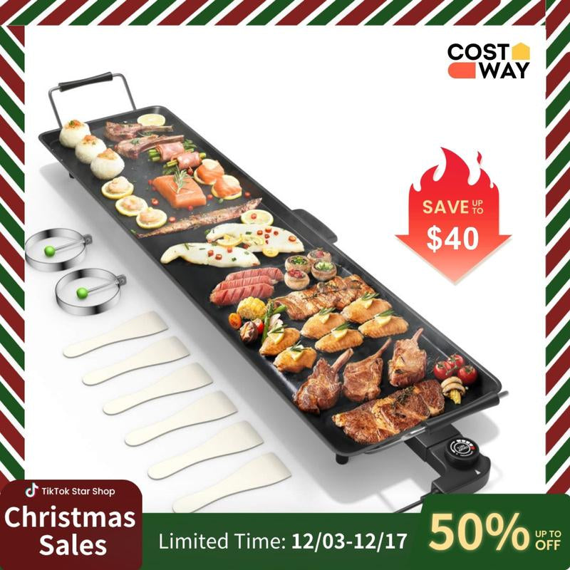 Costway 36-Inch Electric Griddle Teppanyaki Grill - Smokeless BBQ Grill with Nonstick Surface & 5 Adjustable Temperature Settings for Indoor/Outdoor Cooking