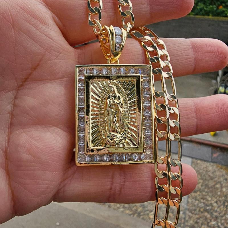 Elegant Square Virgen De Guadalupe & San Judas Necklace Pendant