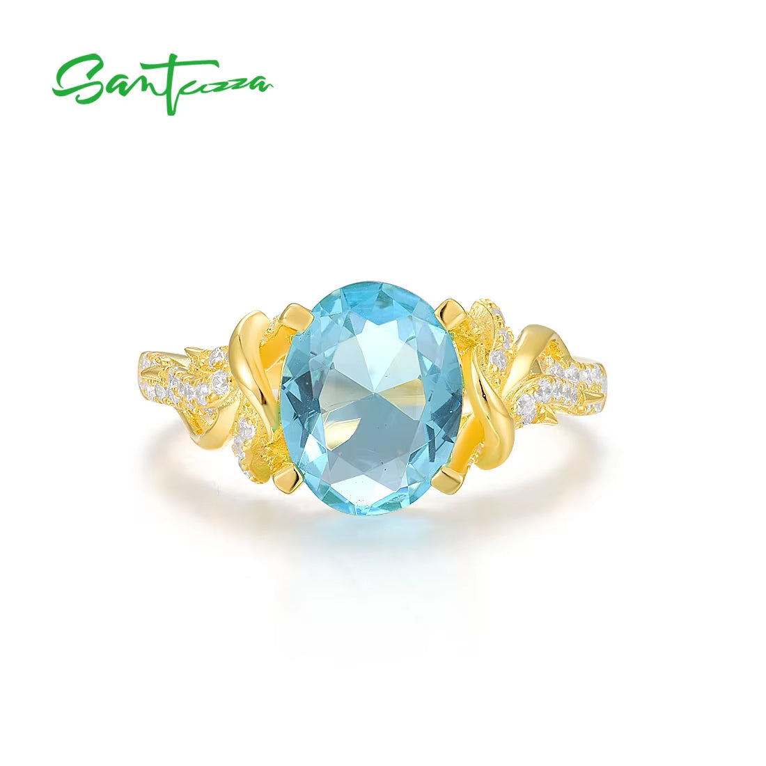 Pure 925 Sterling Silver Ring for Women Sparkling Blue Glass White Cubic Zirconia Yellow Plated Fine Fashion Jewelry