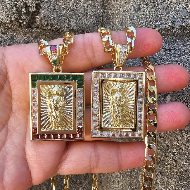 Elegant Square Virgen De Guadalupe & San Judas Necklace Pendant