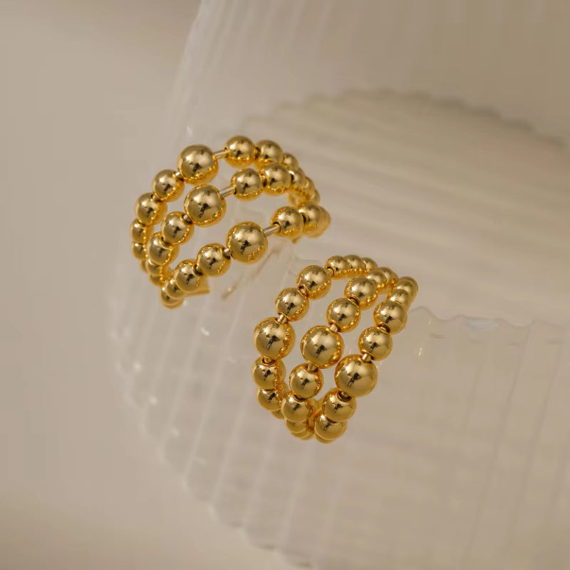 European Three Row Metal Ball Beaded Female Earrings 18K Gold Plated CC Shaped Hoop Earring Fashion Women Party Accessories