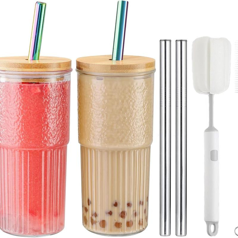 Set of 4 Stylish 24 Oz Glass Cups with Bamboo Lids & Straws - Perfect for Smoothies, Iced Coffee, and Bubble Tea - Includes 4 Airtight Lids - Ideal Gift!