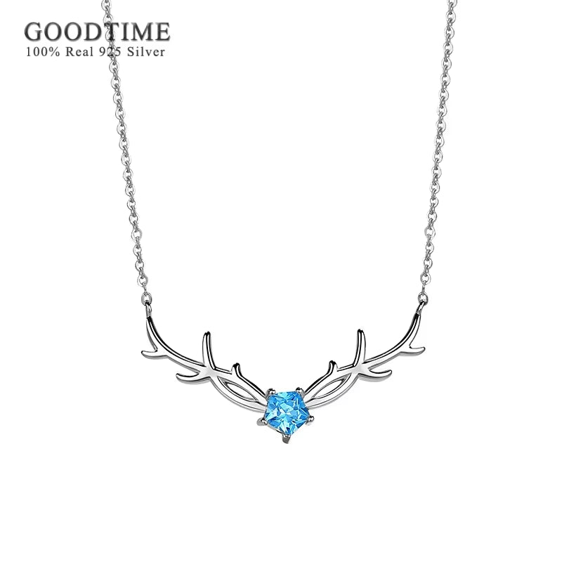 Fashion Women Necklace Pure 100% 925 Sterling Silver Antler Pendant Blue Zircon Necklace Chains Jewelry Christmas Gift for Girl