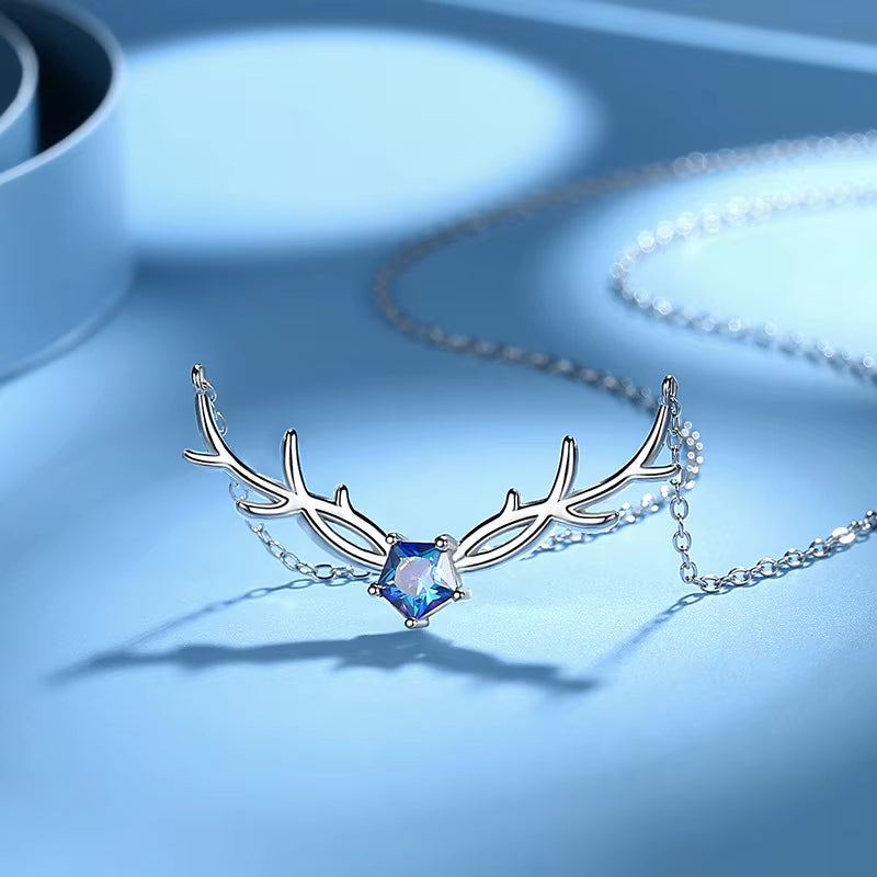 Fashion Women Necklace Pure 100% 925 Sterling Silver Antler Pendant Blue Zircon Necklace Chains Jewelry Christmas Gift for Girl