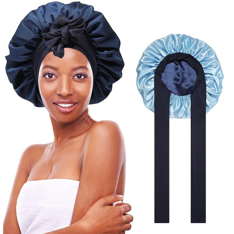 AWAYTR Double Layer Satin Bonnet for Curly Hair - Luxurious Sleep Cap with Elastic Tie Band for Ultimate Hair Care