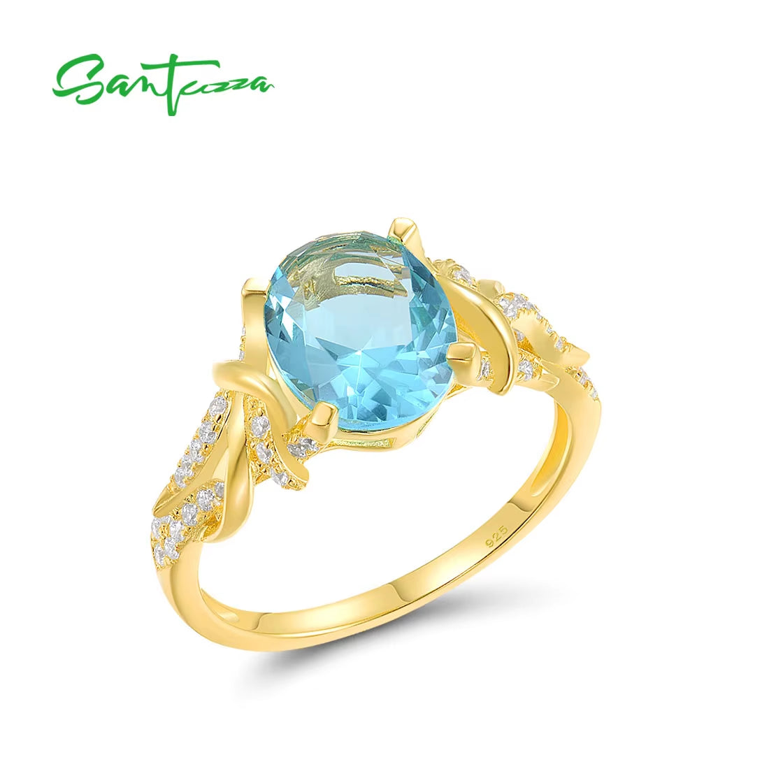 Pure 925 Sterling Silver Ring for Women Sparkling Blue Glass White Cubic Zirconia Yellow Plated Fine Fashion Jewelry