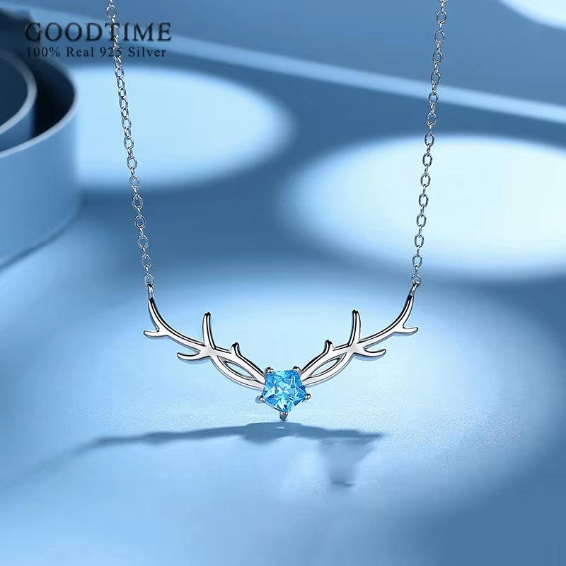 Fashion Women Necklace Pure 100% 925 Sterling Silver Antler Pendant Blue Zircon Necklace Chains Jewelry Christmas Gift for Girl