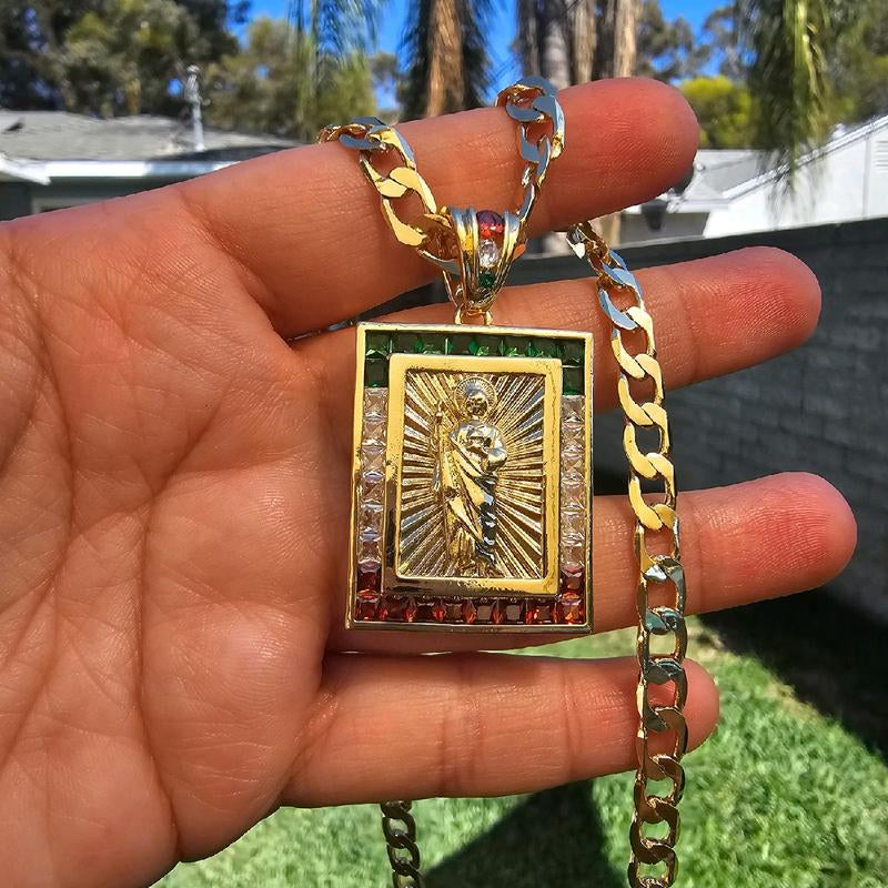 Elegant Square Virgen De Guadalupe & San Judas Necklace Pendant