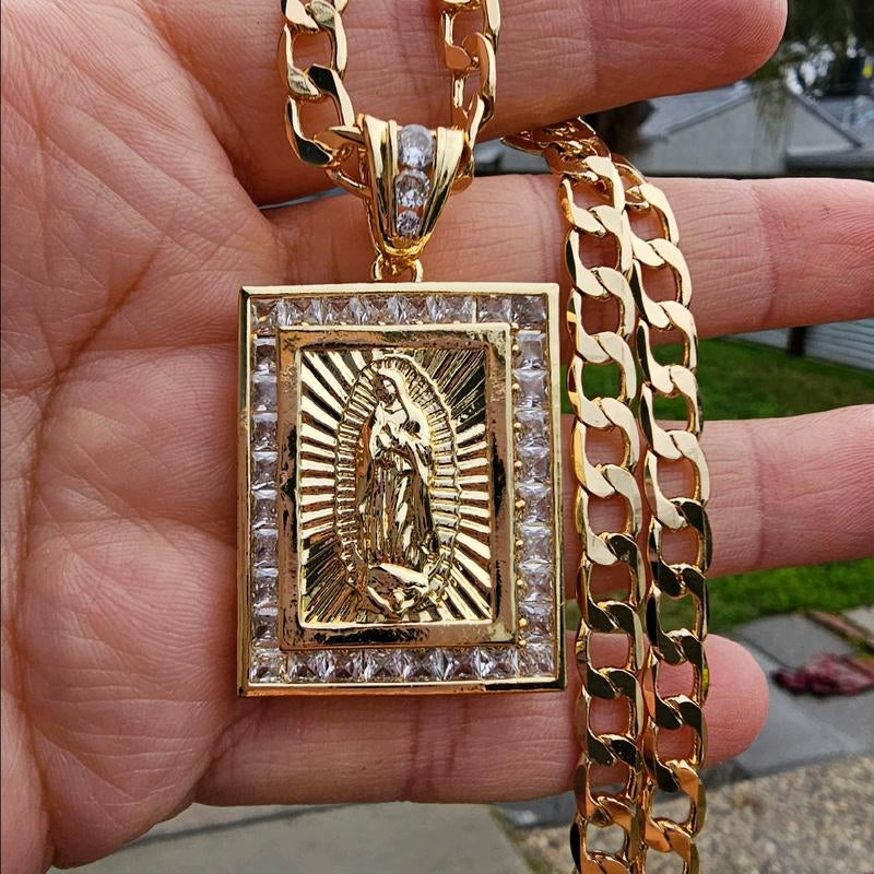 Elegant Square Virgen De Guadalupe & San Judas Necklace Pendant