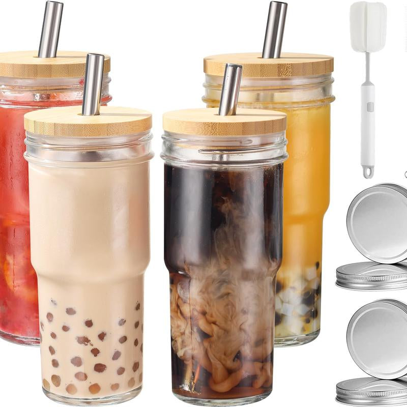 Set of 4 Stylish 24 Oz Glass Cups with Bamboo Lids & Straws - Perfect for Smoothies, Iced Coffee, and Bubble Tea - Includes 4 Airtight Lids - Ideal Gift!