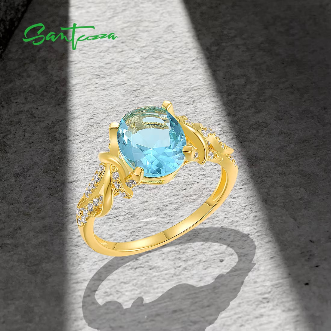 Pure 925 Sterling Silver Ring for Women Sparkling Blue Glass White Cubic Zirconia Yellow Plated Fine Fashion Jewelry