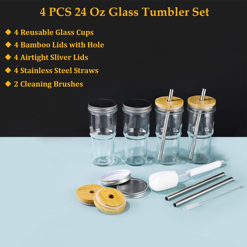 Set of 4 Stylish 24 Oz Glass Cups with Bamboo Lids & Straws - Perfect for Smoothies, Iced Coffee, and Bubble Tea - Includes 4 Airtight Lids - Ideal Gift!