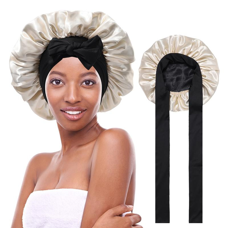 AWAYTR Double Layer Satin Bonnet for Curly Hair - Luxurious Sleep Cap with Elastic Tie Band for Ultimate Hair Care